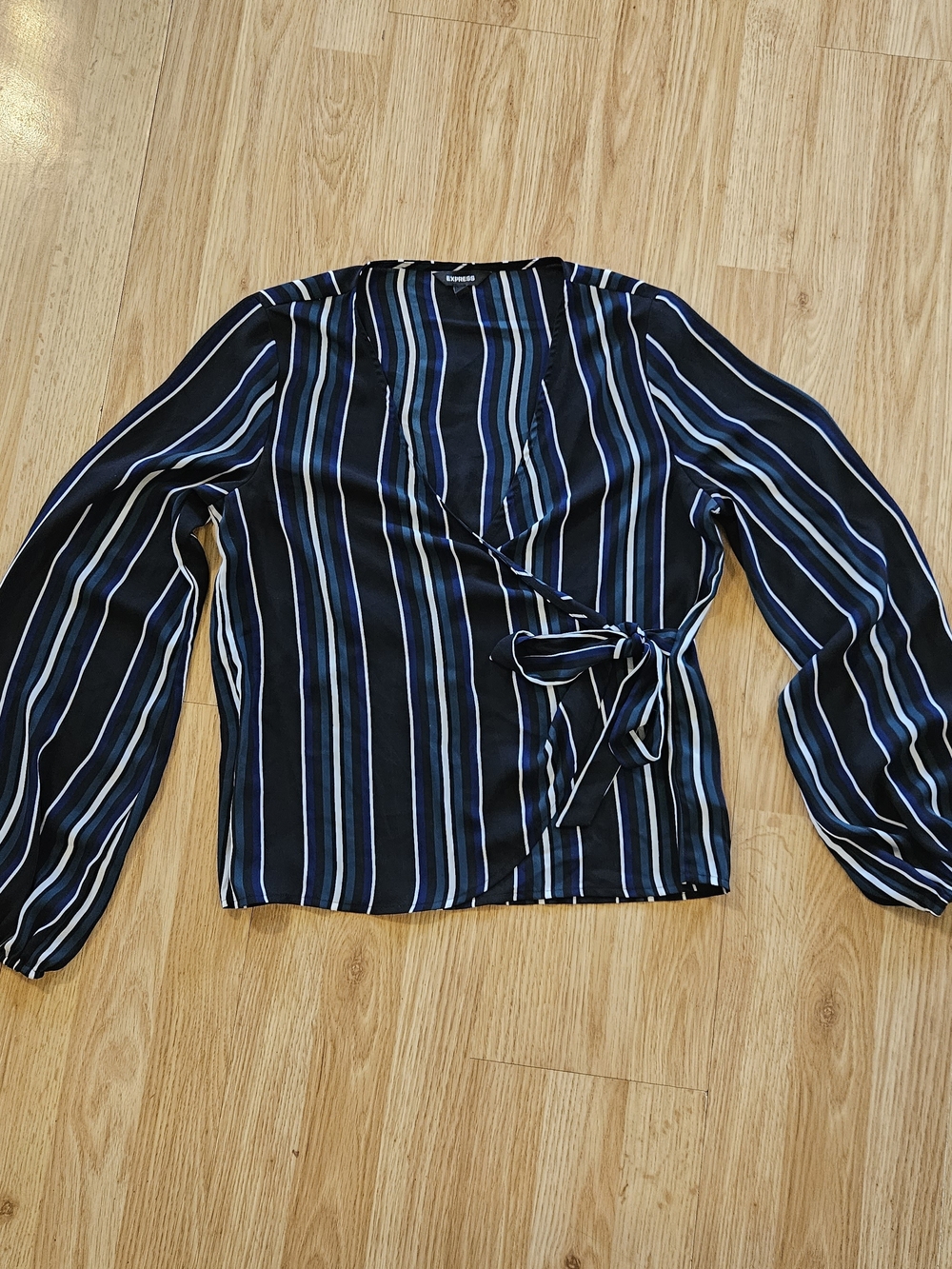 Express Black & Blue Striped Wrap Long Sleeve Blouse W/ Front Tie Size S